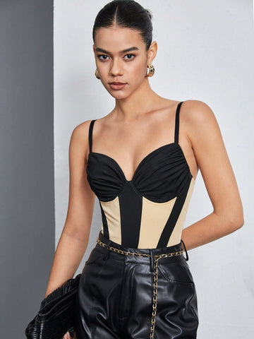 Women's Color Block Ruched Bust Detail Spaghetti Strap Bodysuit