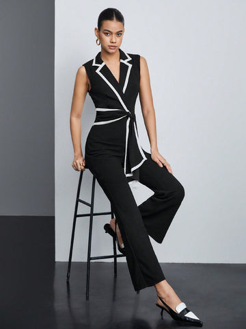 Women's Colorblock Lapel Collar Belted Jumpsuit With Piped Detail