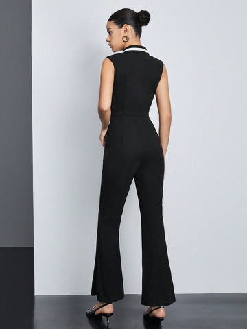 Women's Colorblock Lapel Collar Belted Jumpsuit With Piped Detail