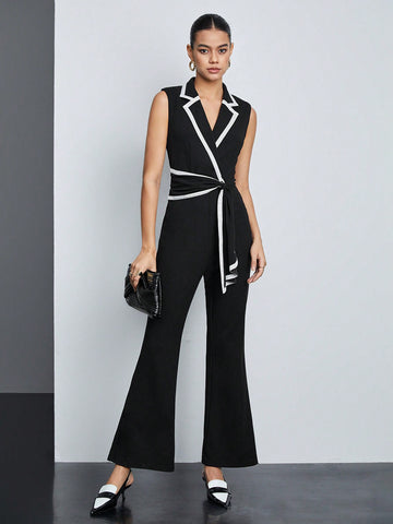 Women's Colorblock Lapel Collar Belted Jumpsuit With Piped Detail