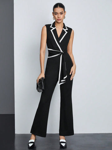 Women's Colorblock Lapel Collar Belted Jumpsuit With Piped Detail