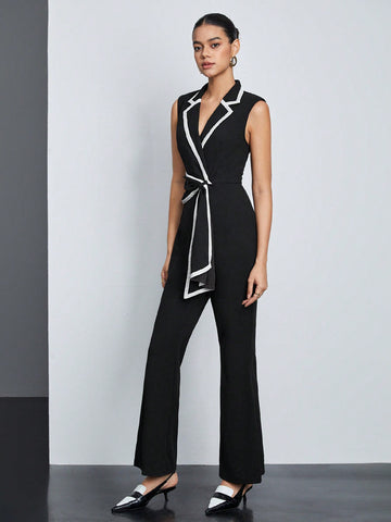 Women's Colorblock Lapel Collar Belted Jumpsuit With Piped Detail