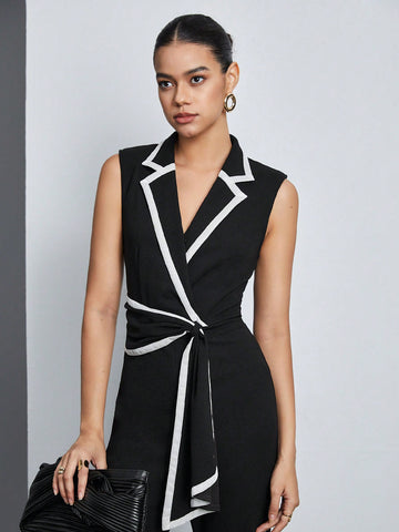 Women's Colorblock Lapel Collar Belted Jumpsuit With Piped Detail