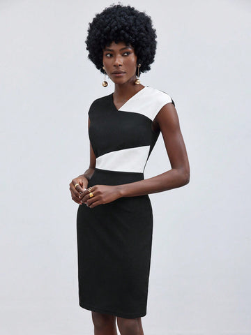 Women's Colorblock Slim Fit V-Neck Dress