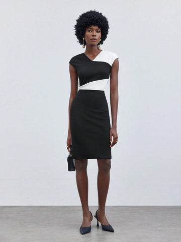 Women's Colorblock Slim Fit V-Neck Dress