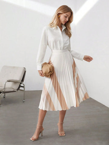 BIZwear Women's Contrast Color Pleated Hem Skirt