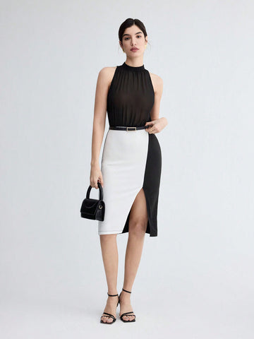 Women's Contrast Color Pleated Sleeveless Dress With Side Slit