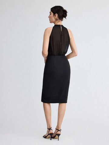 Women's Contrast Color Pleated Sleeveless Dress With Side Slit