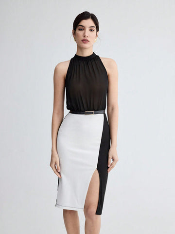 Women's Contrast Color Pleated Sleeveless Dress With Side Slit