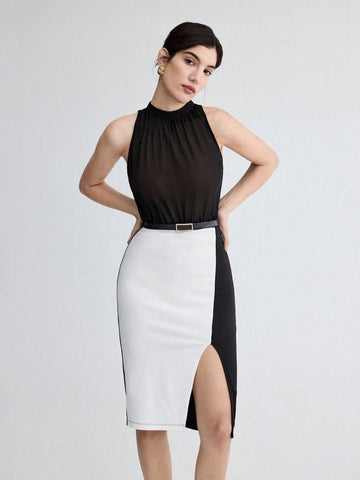 Women's Contrast Color Pleated Sleeveless Dress With Side Slit
