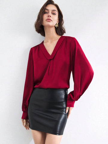 BIZwear Women's Elegant Angora Red Solid Casual Shirt, Minimalist Fashion For Everyday