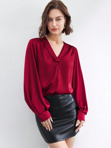 BIZwear Women's Elegant Angora Red Solid Casual Shirt, Minimalist Fashion For Everyday