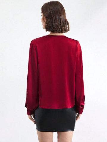 BIZwear Women's Elegant Angora Red Solid Casual Shirt, Minimalist Fashion For Everyday