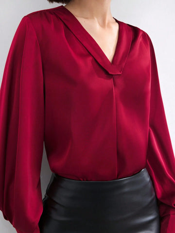 BIZwear Women's Elegant Angora Red Solid Casual Shirt, Minimalist Fashion For Everyday