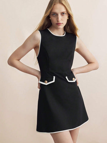 Women's Elegant Commuter Black And White Color Block Sleeveless Dress
