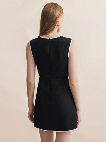Women's Elegant Commuter Black And White Color Block Sleeveless Dress