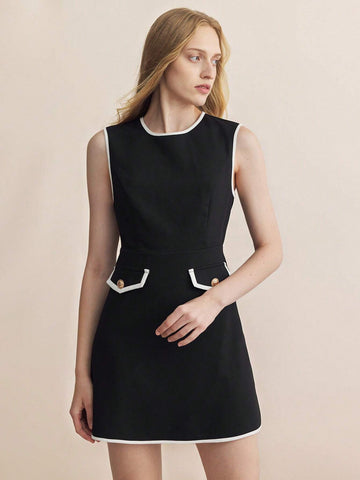 Women's Elegant Commuter Black And White Color Block Sleeveless Dress