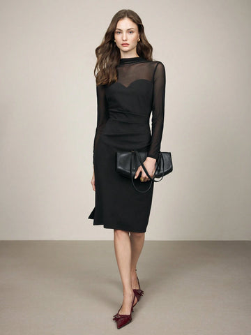 Women's Elegant Commuter Black Mesh Patchwork Semi-Sheer Dress