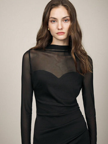 Women's Elegant Commuter Black Mesh Patchwork Semi-Sheer Dress
