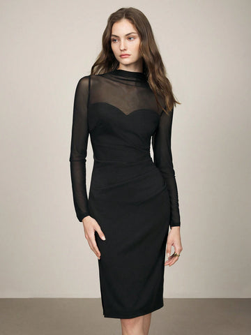 Women's Elegant Commuter Black Mesh Patchwork Semi-Sheer Dress