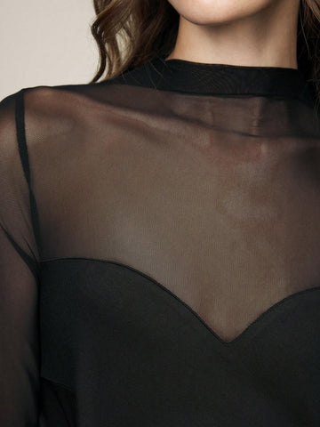 Women's Elegant Commuter Black Mesh Patchwork Semi-Sheer Dress