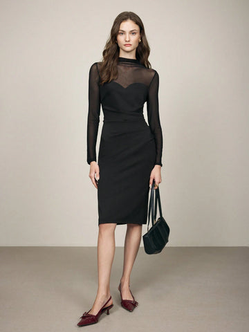 Women's Elegant Commuter Black Mesh Patchwork Semi-Sheer Dress