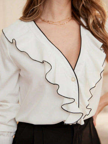 BIZwear Women's Elegant Contrast Color Frilled Pearl Buttoned Shirt With Rolled Edges