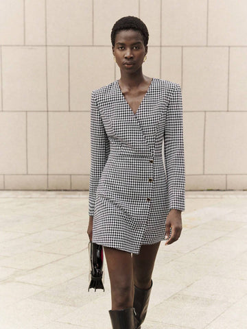 Women's Elegant Office Vintage Houndstooth Print Dress