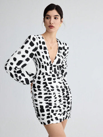 Women's Floral Print Gathered Waist Long Sleeve Dress