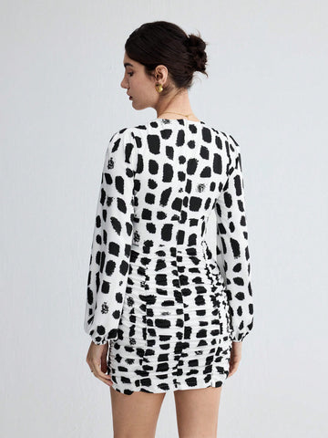 Women's Floral Print Gathered Waist Long Sleeve Dress