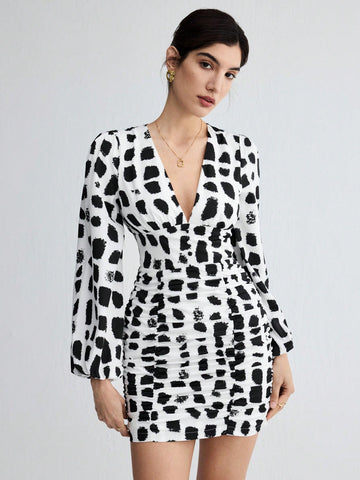 Women's Floral Print Gathered Waist Long Sleeve Dress