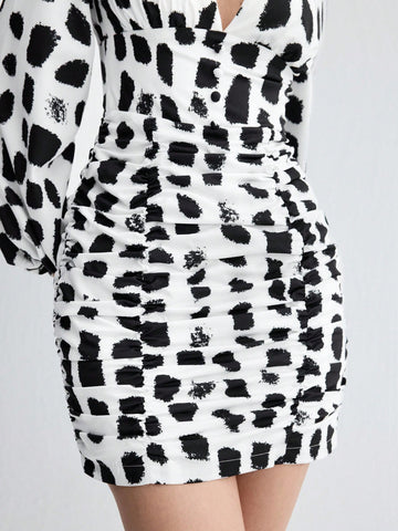 Women's Floral Print Gathered Waist Long Sleeve Dress