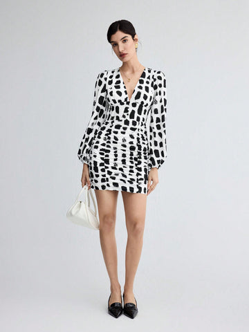 Women's Floral Print Gathered Waist Long Sleeve Dress