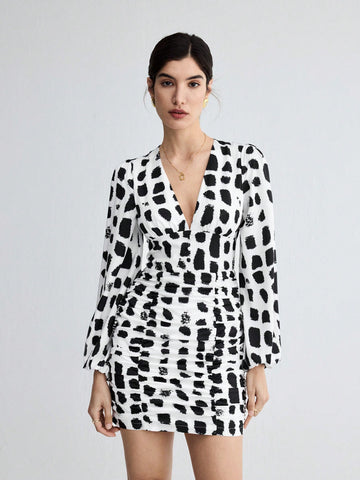 Women's Floral Print Gathered Waist Long Sleeve Dress