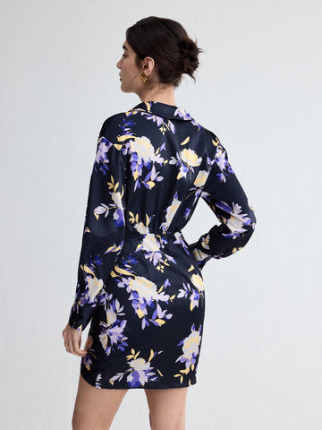 Women's Floral Printed Wrap Dress With Cross Front And Lapel Collar