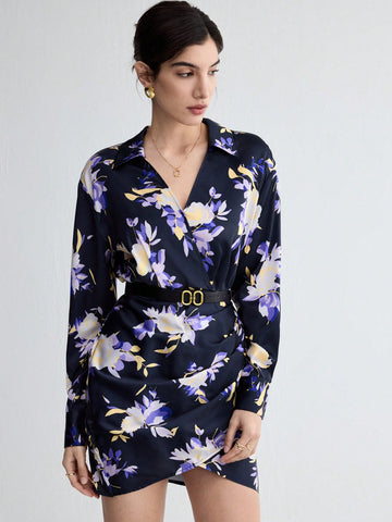 Women's Floral Printed Wrap Dress With Cross Front And Lapel Collar
