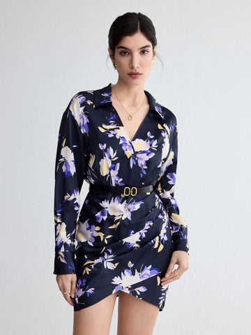 Women's Floral Printed Wrap Dress With Cross Front And Lapel Collar