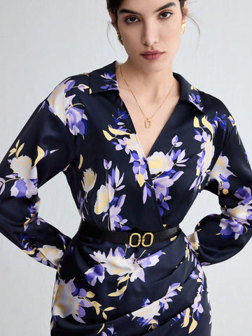 Women's Floral Printed Wrap Dress With Cross Front And Lapel Collar