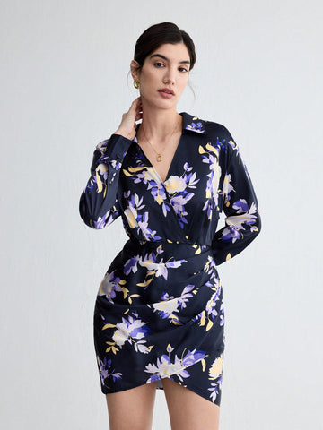 Women's Floral Printed Wrap Dress With Cross Front And Lapel Collar