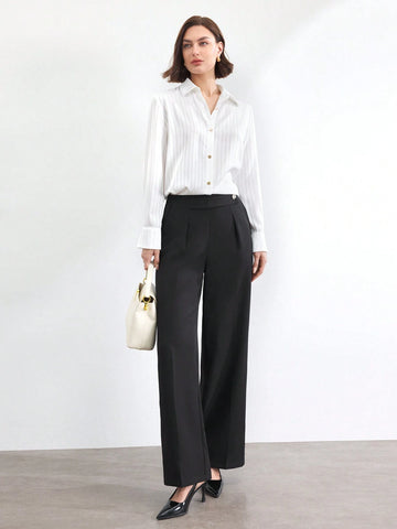 BIZwear Women's Front Button Long Sleeve Striped Minimalist Casual Elegant Office Shirt