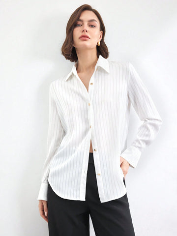 BIZwear Women's Front Button Long Sleeve Striped Minimalist Casual Elegant Office Shirt