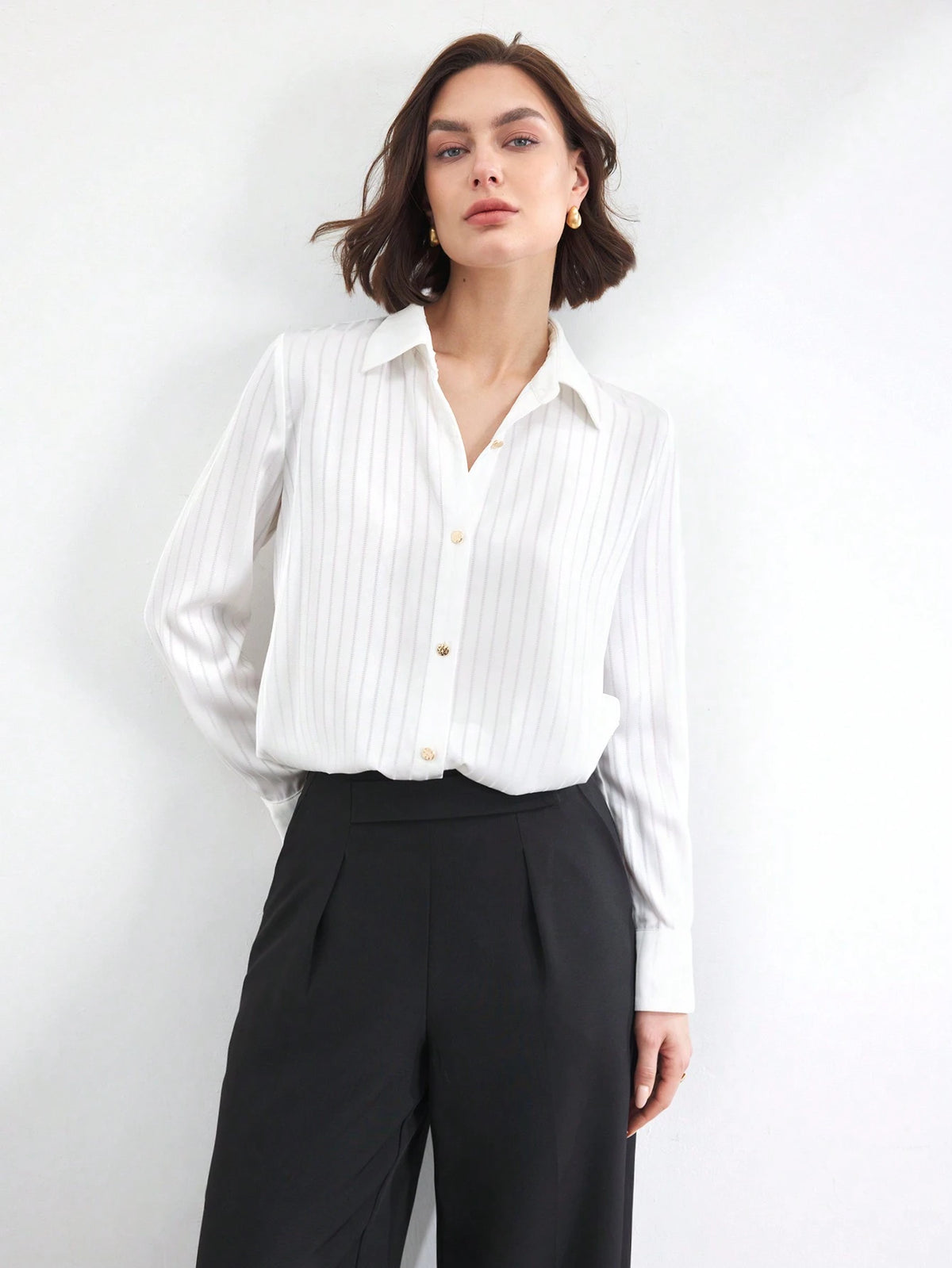 BIZwear Women's Front Button Long Sleeve Striped Minimalist Casual Elegant Office Shirt