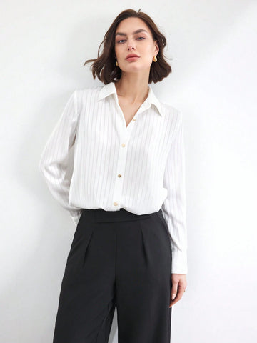 BIZwear Women's Front Button Long Sleeve Striped Minimalist Casual Elegant Office Shirt
