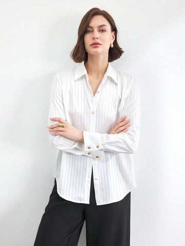 BIZwear Women's Front Button Long Sleeve Striped Minimalist Casual Elegant Office Shirt