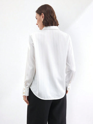 BIZwear Women's Front Button Long Sleeve Striped Minimalist Casual Elegant Office Shirt
