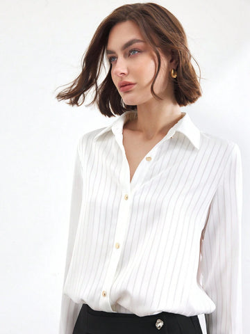 BIZwear Women's Front Button Long Sleeve Striped Minimalist Casual Elegant Office Shirt