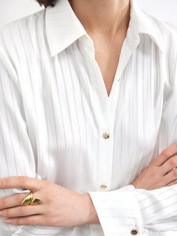 BIZwear Women's Front Button Long Sleeve Striped Minimalist Casual Elegant Office Shirt