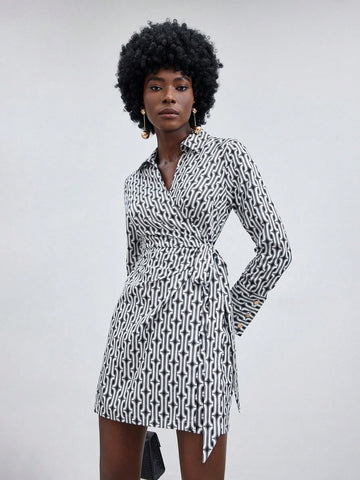 Women's Full Printed V-Neck Wrap Over Long Sleeve Dress