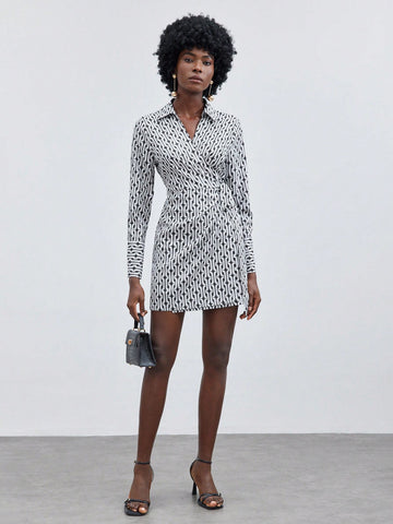 Women's Full Printed V-Neck Wrap Over Long Sleeve Dress