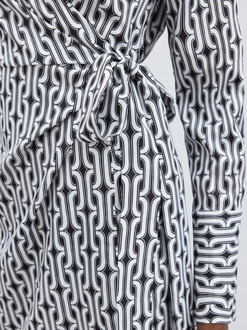 Women's Full Printed V-Neck Wrap Over Long Sleeve Dress